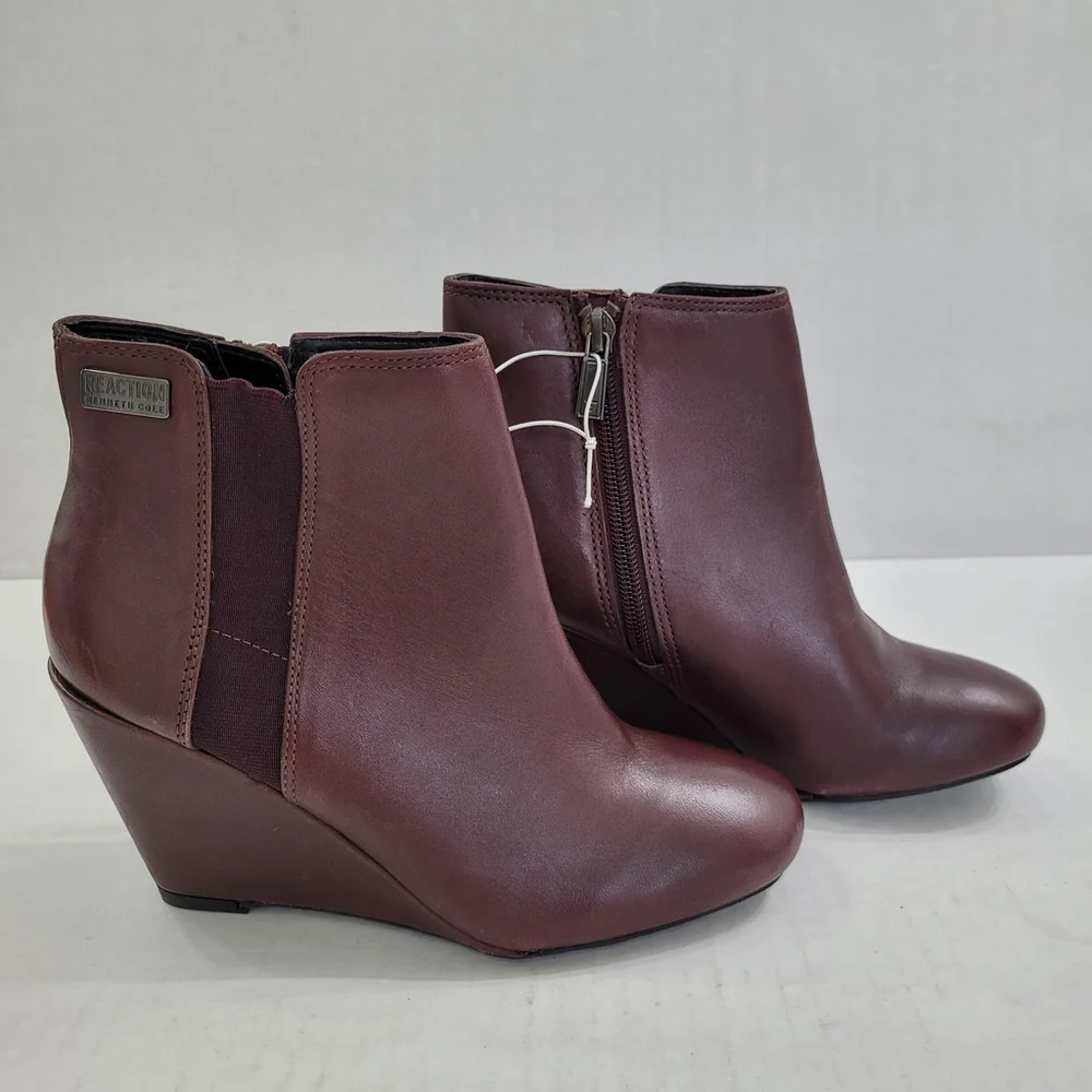 NWOB Women's Reaction Kenneth Cole Marcy Brown Genuine Leather Wedge Booties 5 - Picture 2 of 10